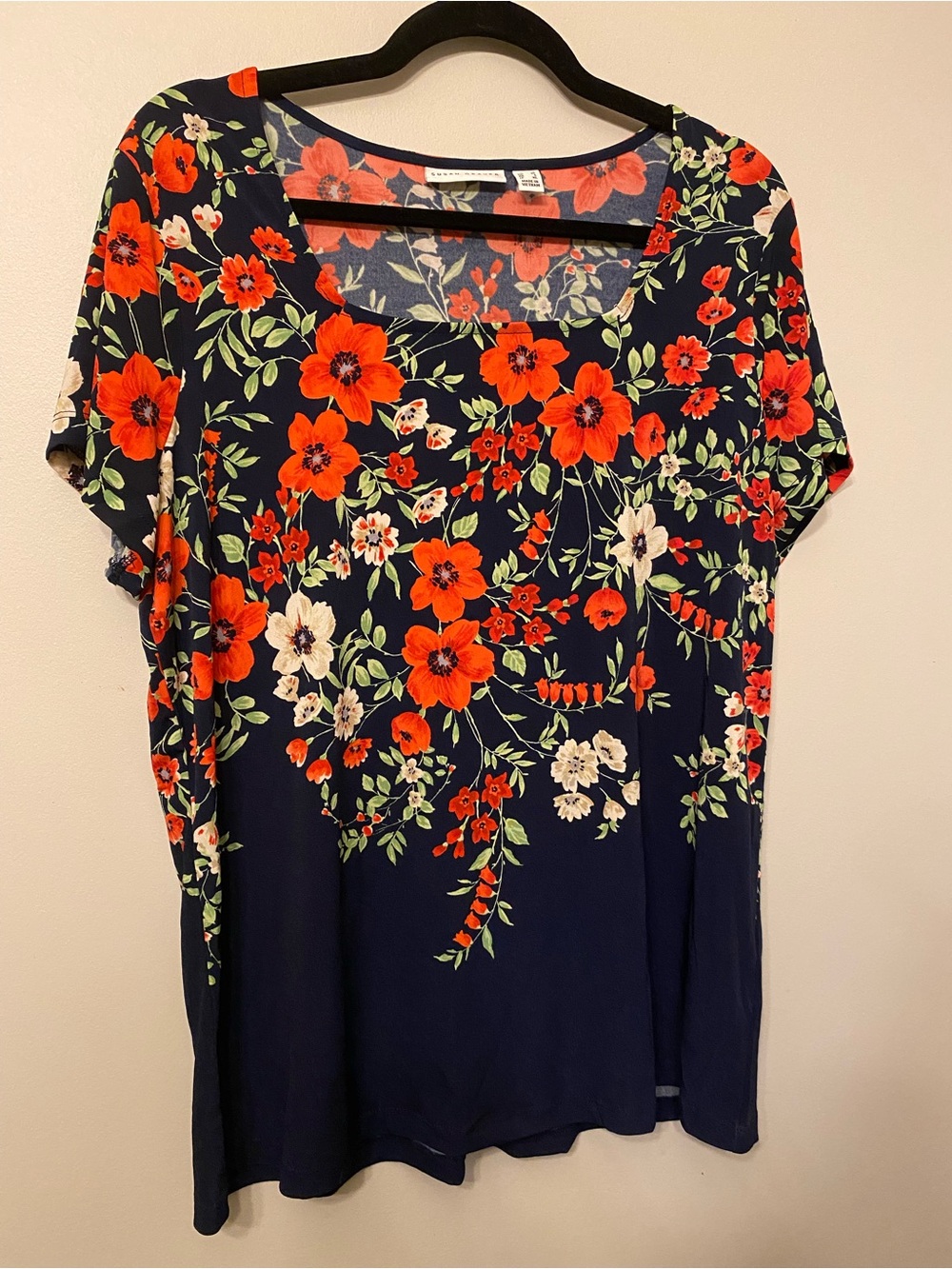 Susan Graver Navy Short Sleeve Top with Red and Cream Floral Print